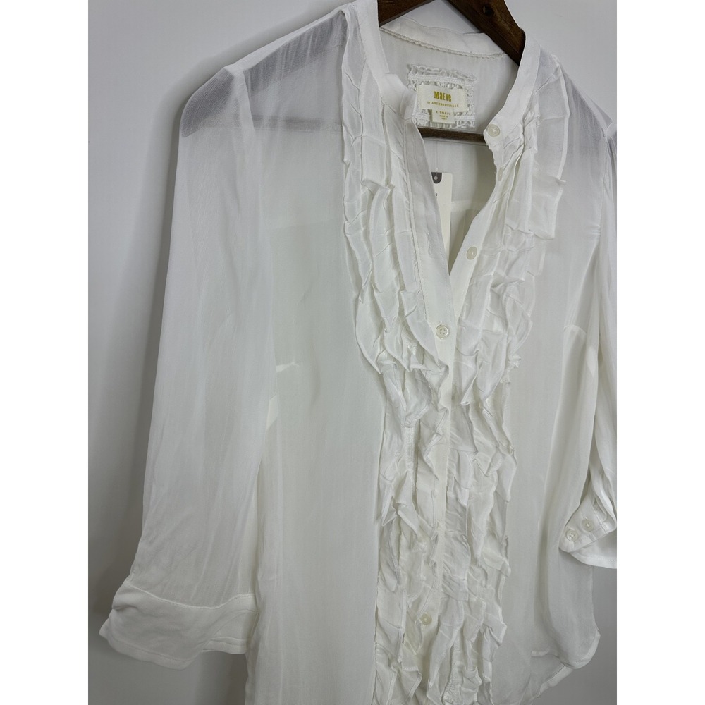 New Maeve Anthropologie Lightweight Ruffle Front Mao Shirt Sheer Button White XS - Picture 3 of 16